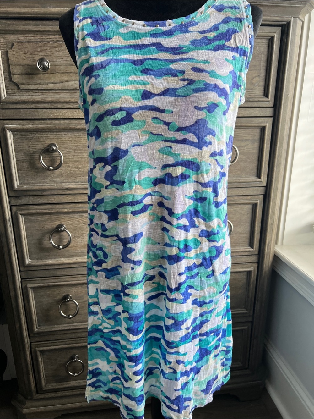 David Cline Sleeveless Midi Dress in Blue and Teal Camo